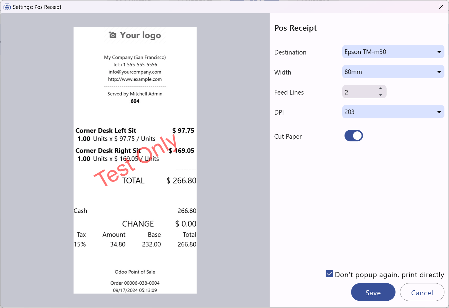 PoS receipt settings dialog