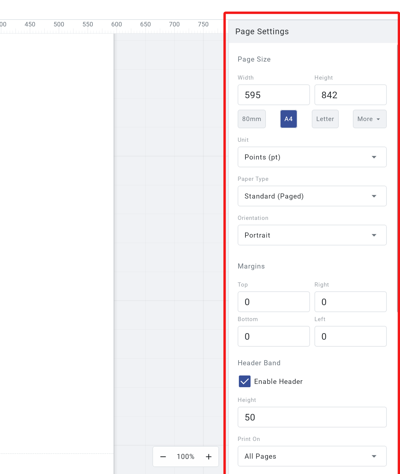 Page Settings panel with paper size and margin configuration