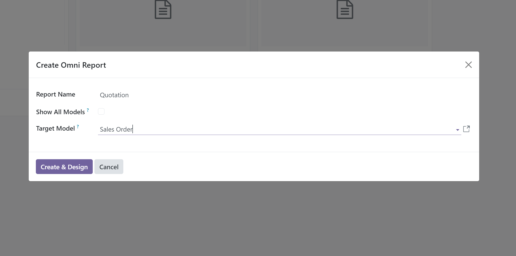 Odoo report action form with Report Name, Type, and Model fields