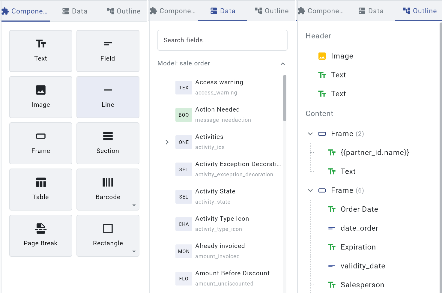 Sidebar Tabs: Components, Data, and Outline